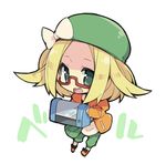  bag bel_(pokemon) beret blonde_hair case character_name chibi commentary glasses green_eyes hat hat_ribbon jacket nakamura_sandayo pokemon pokemon_(game) pokemon_bw2 ribbon semi-rimless_eyewear shoulder_bag smile solo 