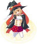  alice_alicetel_fernek blonde_hair checkered cyprus hat kneeling long_hair looking_at_viewer open_mouth shirt_lift smile solo undressing witch_hat wiz_anniversary 