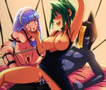  2girls bare_shoulders bdsm blue_eyes blue_hair bondage bound breasts brother_and_sister clothed_sex green_hair incest long_hair multiple_girls open_mouth purple_hair reverse_cowgirl_position sex shaman_king short_hair siblings small_breasts straddling tao_jun tao_ren usui_pirika vaginal watching zombie 