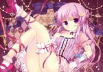  ankle_lace-up argyle azumi_kazuki blush bobby_socks breasts cleavage crescent crescent_hair_ornament cross-laced_footwear double_bun earrings gloves hair_ornament heart high_heels jewelry long_hair mary_janes no_hat no_headwear patchouli_knowledge purple_eyes purple_hair ribbon shoes skirt small_breasts socks solo star star_earrings striped thigh_strap touhou vertical_stripes white_gloves 