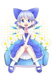  1girl bad_id bad_pixiv_id blue_dress blue_eyes blue_hair blush bow chair cirno dress flower hair_bow knees_together_feet_apart nail_polish open_mouth shirt short_hair sitting smile solo touhou uta_(kuroneko) wings 