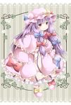  blush capelet clover clover_(flower) coat crescent dress flower frame hair_ribbon hat long_hair open_clothes open_coat patchouli_knowledge purple_hair red_eyes ribbon smile solo striped striped_dress tamichan touhou wide_sleeves 