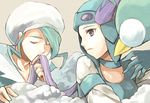  1girl altaria blue_hair choker closed_eyes expressionless gen_3_pokemon gloves hair_kiss hat helmet hetero holding holding_another's_hair holding_hair long_hair mikuri_(pokemon) nagi_(pokemon) nakoromo pokemon pokemon_(creature) pokemon_special popped_collar purple_eyes purple_hair 