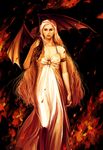  a_song_of_ice_and_fire breasts cleavage daenerys_targaryen dragon dress fire long_hair medium_breasts reine_(artist) solo 