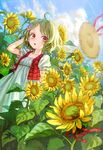  :o adapted_costume ahoge album_cover ama-tou blue_sky cloud cover day dress flower green_hair hair_flower hair_ornament hat hat_removed headwear_removed kazami_yuuka looking_at_viewer plaid plaid_vest puffy_sleeves red_eyes ribbon short_hair short_sleeves sky solo straw_hat sundress sunflower touhou vest younger 