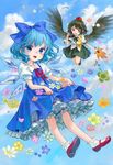  :d ama-tou black_hair black_wings blue_eyes blue_hair bow camera cirno dress fan feathered_wings flower frills hair_bow hat ice ice_wings mary_janes multiple_girls open_mouth red_eyes shameimaru_aya shoes short_hair skirt_basket smile tokin_hat touhou wings 