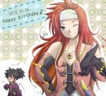  2boys bare_shoulders belt blue_eyes brown_hair coat elbow_gloves eyes_closed gloves headband long_hair multiple_boys pants ponytail raven raven_(tov) red_hair smile tales_of_(series) tales_of_symphonia tales_of_vesperia zelos_wilder 