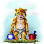  anthro bare_chest cub diaper feline looking_at_viewer male mammal nisrii nisrii_(artist) shijuzu shijuzu_(character) solo stripes tiger young 