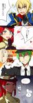  4koma blazblue blonde_hair blue_eyes blush comic eyes_closed fedora fedota gloves green_eyes green_hair hat hazama heart highres kisaragi_jin long_hair necktie red_hair short_hair sparkle suit translation_request tsubaki_yayoi 