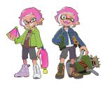  1girl :d aqua_socks blue_eyes blue_jacket breast_pocket brown_footwear brown_shirt dark-skinned_female dark_skin explosher_(splatoon) eyebrow_cut fang fangs green_jacket grey_shorts grin hand_in_pocket highres holding inkling inkling_girl jacket legs_apart looking_at_viewer multicolored_clothes multicolored_eyes multicolored_jacket open_mouth orange_eyes orange_jacket pink_hair pocket pointy_ears ribbed_socks shirt short_hair shorts simple_background smile socks splat_bomb_(splatoon) splatoon_(series) splattershot_(splatoon) standing super_soaker teeth tentacle_hair teo_(teorekka) white_background white_footwear white_shirt 