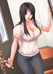  black_hair breasts cleavage denim door highres jeans kill_time_communication large_breasts long_hair looking_at_viewer mature mole open_mouth pants purple_hair rokko rug smile solo 