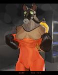 2023 anthro areola bebebebebe biped bodily_fluids breasts clothed clothing digital_media_(artwork) female gas_mask gloves handwear hi_res hyena inside lethal_company mammal mask musk_clouds nipples open_clothing open_topwear skinsuit solo sweat sweaty_breasts tight_clothing topwear