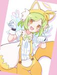  1girl animal_hat blue_wings bow brown_eyes cosplay eyelashes gloves green_bow green_hair halo hat head_tilt heart highres jazz_grace multiple_tails open_mouth paw_pose puyopuyo puyopuyo_quest roco_(puyopuyo) shirt short_hair solo sonic_(series) suspenders tail tails_(sonic) tails_(sonic)_(cosplay) teeth two_tails upper_teeth_only white_gloves white_shirt wings yellow_halo yellow_headwear 