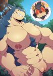 abs absurd_res against_natural_surface against_surface against_tree andromorph andromorph_lactation anthro big_pecs blue_fire breath colored_fire facial_hair fire generation_2_pokemon generation_4_pokemon genitals grin hi_res intersex kokuhane looking_at_viewer luxray milk muscular muscular_andromorph muscular_anthro muscular_intersex nintendo nude pecs plant plump_labia pokemon pokemon_(species) pussy red_eyes sitting smile solo stubble tree typhlosion