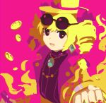  1girl alternate_color blonde_hair coin commentary_request drill_hair earrings eyewear_on_head hat hat_ribbon highres jacket jewelry kaigen_1025 long_sleeves open_clothes open_jacket open_mouth pink_background pink_jacket purple_eyes purple_shirt ribbon shirt simple_background smile sunglasses touhou twin_drills yellow_headwear yorigami_jo&#039;on 