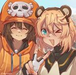  &gt;_@ 1boy 1girl androgyne_symbol animal_ears aqua_eyes bear_ears black_gloves blonde_hair blush bridget_(guilty_gear) brown_hair cabbie_hat fingerless_gloves gloves guilty_gear guilty_gear_strive hat hat_ornament highres hood hoodie long_hair long_sleeves looking_at_viewer may_(guilty_gear) medium_hair mil17459623 open_mouth orange_headwear orange_hoodie orange_nails otoko_no_ko skull_and_crossbones skull_hat_ornament smile v 