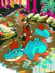  backpack bag baseball_cap black_hair feraligatr fishing gen_2_pokemon gold_(pokemon) hat natu nature plant pokemon pokemon_(creature) pokemon_(game) pokemon_gsc river swimming tegaki tree yaichi 