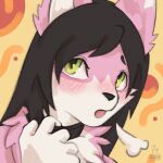 ambiguous_gender anthro biped black_hair black_nose canid canine fox fur green_eyes hair inner_ear_fluff locelotkal mammal norii pink_body pink_fur portrait shy_expression tuft