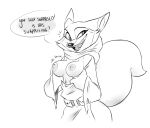 anthro areola bottomwear breasts canid canine clothed clothing corsac_fox digital_media_(artwork) dreamworks english_text female fox fur grey_body kung_fu_panda looking_at_viewer mammal monochrome nipples open_clothing open_mouth open_topwear simple_background sketch smile solo speech_bubble starbeforedawn tail text topwear zhen_(kung_fu_panda)