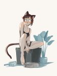  absurdres akiko_(vakiko6) animal_ears barefoot black_shorts black_tank_top bottle cat_ears cat_tail collarbone commentary english_commentary full_body furry furry_female highres knee_up looking_at_viewer original plant potted_plant robotic_vacuum_cleaner shorts sitting tail tank_top 