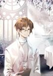  1boy absurdres brown_eyes brown_hair chou_shittou_caduceus clipboard glass highres holding holding_clipboard kasumi_koujou lab_coat lanyard tsukimori_kousuke 