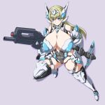  1girl absurdres assault_rifle blonde_hair blue_eyes blush breasts cleavage commission covered_nipples cyborg di_allez_series full_body gun hairband headgear highres joints long_hair looking_to_the_side navel phantasy_star phantasy_star_online_2 phantasy_star_online_2_new_genesis rifle robot_joints sankakukin_gear second-party_source skeb_commission smile solo very_long_hair weapon 