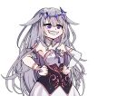  1girl absurdres bare_shoulders breasts crystal dress grey_hair grin hair_between_eyes hands_on_own_hips highres hololive hololive_english koseki_bijou letterboxed long_hair nakatokung purple_eyes simple_background small_breasts smile solo strapless strapless_dress very_long_hair virtual_youtuber white_background white_dress 