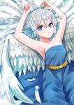  1girl angel_wings armpits arms_up azuazu_0405 blue_dress blue_eyes dress feathered_wings feathers grey_hair hair_between_eyes long_hair looking_at_viewer lying original solo white_background white_wings wings 