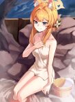  1girl absurdres animal_ear_fluff animal_ears blue_archive blush breasts closed_mouth collarbone feet_out_of_frame flower hair_flower hair_ornament halo highres long_hair mari_(blue_archive) naked_towel onsen orange_hair setakman small_breasts smile solo towel twitter_username water white_flower white_towel yellow_halo 