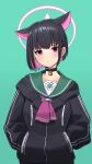  1girl animal_ears black_choker black_hair black_jacket blue_archive blush cat_ears choker closed_mouth colored_inner_hair commentary extra_ears green_background green_sailor_collar halo hands_in_pockets highres hood hooded_jacket jacket kazusa_(blue_archive) long_sleeves looking_at_viewer multicolored_hair pink_hair pink_halo ranyu red_eyes revision sailor_collar short_hair simple_background solo symbol-only_commentary upper_body 
