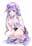  1girl absurdres bag bendy_straw black_shorts clothes_writing collarbone drinking_straw flip-flops full_body grey_hair grin highres holding holding_bag hololive hololive_english koseki_bijou long_hair looking_at_viewer nakatokung off_shoulder plastic_bag purple_eyes purple_footwear purple_hair sandals shirt short_shorts short_sleeves shorts simple_background slippers smile solo squatting very_long_hair virtual_youtuber white_background white_shirt wide_sleeves 