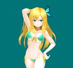  adjusting_hair aqua_eyes arm_up bikini blonde_hair blue_background blue_bikini boku_wa_tomodachi_ga_sukunai breasts butterfly_hair_ornament front-tie_top grin hair_ornament hand_behind_head hand_on_hip highres kashiwazaki_sena long_hair medium_breasts side-tie_bikini simple_background smile solo swimsuit taka_(takahirokun) thigh_gap 