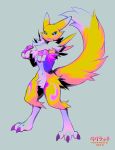  2018 armwear black_sclera blep blue_eyes bridal_gauntlets cat_pose clothing digimon digimon_(species) digital_media_(artwork) female fluffy fluffy_tail fur markings popparotzi purple_markings renamon simple_background solo standing tongue tongue_out yellow_fur 