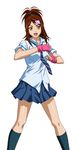  1girl bachou_mouki brown_hair fingerless_gloves gloves ikkitousen official_art school_uniform smile solo yellow_eyes 