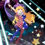  1girl american_flag american_flag_print blonde_hair clownpiece commentary_request dress fire flag_print flat_chest hat highres holding holding_torch jester_cap kaigen_1025 long_hair multicolored_clothes multicolored_dress multicolored_pantyhose neck_ruff no_shoes pantyhose polka_dot_headwear pom_pom_(clothes) purple_eyes purple_fire purple_headwear short_sleeves solo star_(symbol) star_print torch touhou 