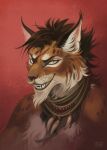 facial_piercing felid feline fur hair hi_res jewelry looking_at_viewer male mammal necklace nose_piercing nose_ring piercing portrait ring_piercing sharp_teeth simple_background skitalets smile solo teeth