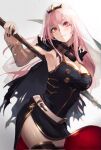  belt breasts cape highres hololive hololive_english large_breasts looking_at_viewer menomeno_draw mori_calliope pink_eyes pink_hair scythe torn_cape torn_clothes veil white_background 