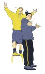  2boys baggy_clothes black_hair full_body itadori_yuuji jujutsu_kaisen male_focus multiple_boys nandemotokasu outstretched_arms pointing pointing_at_viewer scar scar_across_eye short_hair sideburns smile sparkle spread_arms standing toudou_aoi_(jujutsu_kaisen) undercut unfinished 