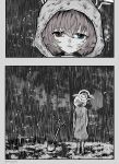  1girl :| blue_archive blue_eyes closed_mouth forest halo heterochromia highres hoshino_(blue_archive) implied_death monochrome nature rain raincoat red_eyes short_hair shovel solo spot_color standing twitter_username uttuu68581 