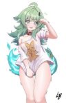  1girl absurdres ahoge animal_ears arm_up blush bottomless choker commentary covering_crotch covering_privates fiery_tail flying_sweatdrops fox_ears fox_girl green_eyes green_hair highres holding honkai:_star_rail honkai_(series) huohuo_(honkai:_star_rail) long_hair loob looking_at_viewer naked_shirt open_mouth paw-shaped_pupils shirt shirt_tug short_sleeves signature simple_background single_bare_shoulder solo tail trembling white_background white_shirt yin_yang_hair_ornament 