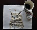  coffee creating_art eurasian_eagle-owl looking_at_viewer owl paint paintbrush solo traditional_media watercolor watercolour 