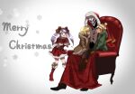 2boys 2girls ainz_ooal_gown aura_bella_fiora belt black_belt blonde_hair blunt_bangs boots bow brown_footwear brown_jacket brown_mittens buckle capelet chair christmas closed_eyes commentary_request dark_elf dress elf envy full_body fur-trimmed_capelet fur-trimmed_dress fur-trimmed_jacket fur-trimmed_mittens fur-trimmed_robe fur_trim green_bow green_jacket hair_bow hands_up hat heart heart-shaped_buckle hood hooded_jacket hooded_robe jacket knee_boots lich long_hair mare_bello_fiore masiro merry_christmas mittens multiple_boys multiple_girls multiple_hair_bows no_socks open_mouth otoko_no_ko overlord_(maruyama) pointy_ears pom_pom_beanie purple_hair red_bow red_capelet red_dress red_eyes red_footwear red_mittens red_robe robe santa_costume santa_dress shalltear_bloodfallen short_hair siblings sidelocks simple_background sitting sitting_on_lap sitting_on_person skeleton snowflake_print snowflakes standing striped striped_bow throne twins twintails two-tone_bow vampire white_background yellow_headwear yellow_mittens 