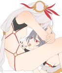  2girls asymmetrical_clothes bare_arms black_dress breasts china_dress chinese_clothes cleavage closed_eyes cramps_(exspmarc) cum dress eyeliner fu_hua fu_hua_(herrscher_of_sentience) fu_hua_(phoenix) gradient_hair grey_hair hair_between_eyes hair_ornament hanfu honkai_(series) honkai_impact_3rd jewelry licking licking_cum long_hair low-tied_long_hair low_ponytail makeup medium_breasts multicolored_hair multiple_girls nipples nude on_head ponytail red_eyeliner red_eyes red_hair red_rope rope sideboob simple_background single_bare_shoulder streaked_hair thighs white_background white_hair yellow_pupils 