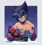  1boy black_eyes black_hair black_pants border closed_mouth egasumi fingernails gloves grey_border kazama_jin kotorai male_focus no_nipples no_nose pants partially_submerged pectorals red_gloves shaded_face shoulder_tattoo signature solo tan tattoo tekken toned toned_male 