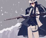  1boy anniao4 arknights black_coat black_gloves black_hair book brown_eyes chinese_commentary coat coat_on_shoulders commentary_request cowboy_shot formal glasses gloves gnosis_(arknights) gnosis_(elite_ii)_(arknights) grey_sky hat highres holding holding_book holding_staff jacket looking_at_viewer male_focus mountainous_horizon multicolored_hair necktie open_book pants red_hair short_hair sky snowing solo staff streaked_hair suit thigh_strap white_headwear white_jacket white_necktie white_pants white_suit 