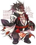 anthro baiken belly canid canine canis claws cosplay domestic_dog fur grey_body grey_fur guilty_gear hair hair_over_eye katana lifewonders male mammal melee_weapon musclegut nekomarudon one_eye_obstructed pecs samurai scar shino_(housamo) solo sword toe_claws tokyo_afterschool_summoners warrior weapon