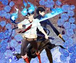  ao_no_exorcist beepaint black_hair blue_eyes blue_fire blue_flower blue_rose boots brothers fire flaming_sword flower glasses glowing glowing_eyes gun katana long_coat multiple_boys necktie okumura_rin okumura_yukio pointy_ears rose sheath short_hair siblings striped striped_neckwear sword tail tail-tip_fire trench_coat weapon 