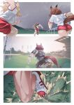  5girls animal_ears buruma cloud cloudy_sky cowboy_shot fine_motion_(umamusume) from_behind gym_shirt gym_uniform highres horse_ears horse_girl horse_tail multiple_girls nabe_puyo narita_top_road_(umamusume) racetrack red_buruma red_shorts running shirt shorts sky t-shirt tail tanino_gimlet_(umamusume) tap_dance_city_(umamusume) umamusume white_footwear white_shirt 