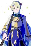  1boy absurdres alfred_(fire_emblem) ascot blonde_hair blue_cape cape circlet closed_mouth collar fire_emblem fire_emblem_engage frilled_collar frilled_sleeves frills green_eyes hair_ornament highres long_sleeves looking_at_viewer male_focus rotsugame short_hair solo white_background yellow_ascot 