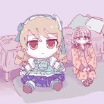  1girl bed bedroom blue_dress blue_hairband brown_eyes brown_hair character_doll closed_mouth doqute_stuffed_doll dress drill_hair frilled_dress frilled_hairband frills full_body grey_hair hair_ribbon hairband hisakawa_nagi hugging_own_legs idolmaster idolmaster_cinderella_girls indoors jacket knees_up long_hair long_sleeves looking_at_viewer low_twintails morikubo_nono oversized_object own_hands_together pajamas pants paw_print pillow ribbon ringlets rug sitting slippers stuffed_toy sushi_(_08271129_) twintails yellow_jacket yellow_pants 